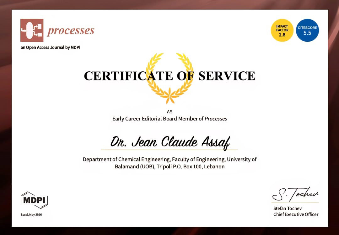Dr. Jean Claude Assaf Appointed to the Early Career Editorial Board of Processes, a Scopus-Indexed Peer-Review Journal